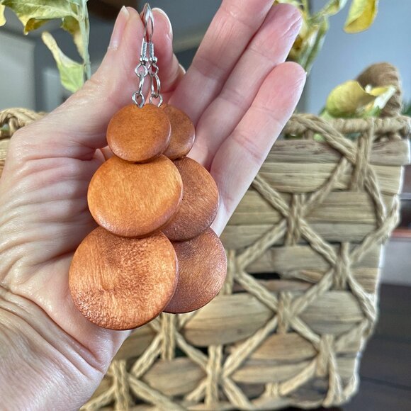 Style Bohemian Natural Light Wood Exaggerated Long Dangle Fish Hook Earrings - Picture 3 of 5